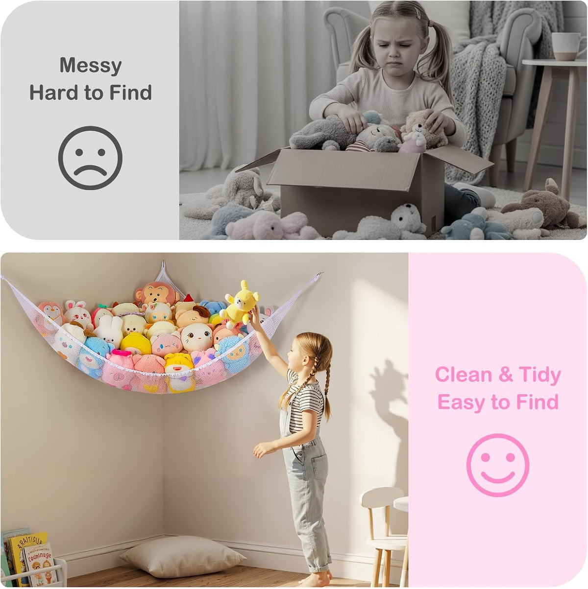 Stuffed Animals Hammock with LED Light Large Plush Toy Net Organizer Corner Stuffed Animals Storage Hanging Holder for Soft Toys Space-Saving Nursery Playroom Bedroom Decor