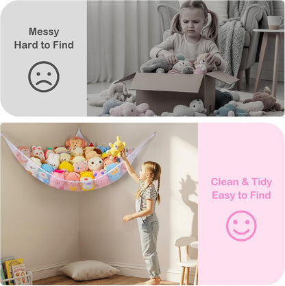 Stuffed Animals Hammock with LED Light Large Plush Toy Net Organizer Corner Stuffed Animals Storage Hanging Holder for Soft Toys Space-Saving Nursery Playroom Bedroom Decor