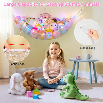 Stuffed Animals Hammock with LED Light Large Plush Toy Net Organizer Corner Stuffed Animals Storage Hanging Holder for Soft Toys Space-Saving Nursery Playroom Bedroom Decor