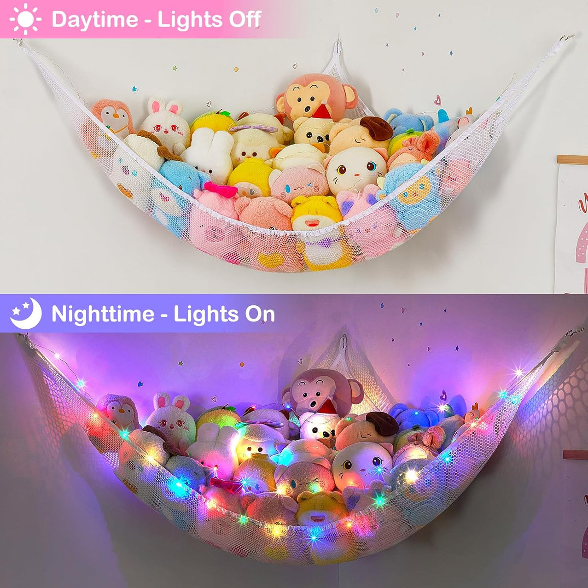 Stuffed Animals Hammock with LED Light Large Plush Toy Net Organizer Corner Stuffed Animals Storage Hanging Holder for Soft Toys Space-Saving Nursery Playroom Bedroom Decor