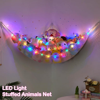 Stuffed Animals Hammock with LED Light Large Plush Toy Net Organizer Corner Stuffed Animals Storage Hanging Holder for Soft Toys Space-Saving Nursery Playroom Bedroom Decor