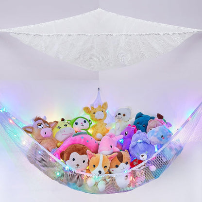 Stuffed Animals Hammock with LED Light Large Plush Toy Net Organizer Corner Stuffed Animals Storage Hanging Holder for Soft Toys Space-Saving Nursery Playroom Bedroom Decor