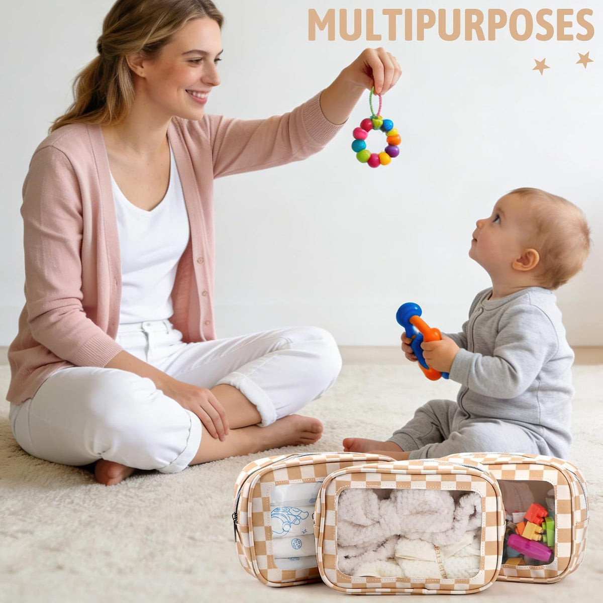 Diaper Bag Organizer Pouch Set,TSA Approved Toiletry Bag, Waterproof TPU Makeup Bag Set, Travel Organizer Bags for Women and Kids，Mothers Day Gifts
