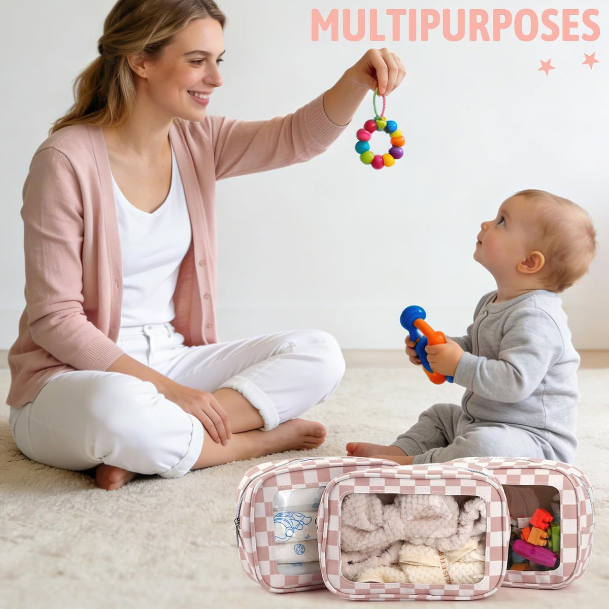 Diaper Bag Organizer Pouch Set,TSA Approved Toiletry Bag, Waterproof TPU Makeup Bag Set, Travel Organizer Bags for Women and Kids，Mothers Day Gifts