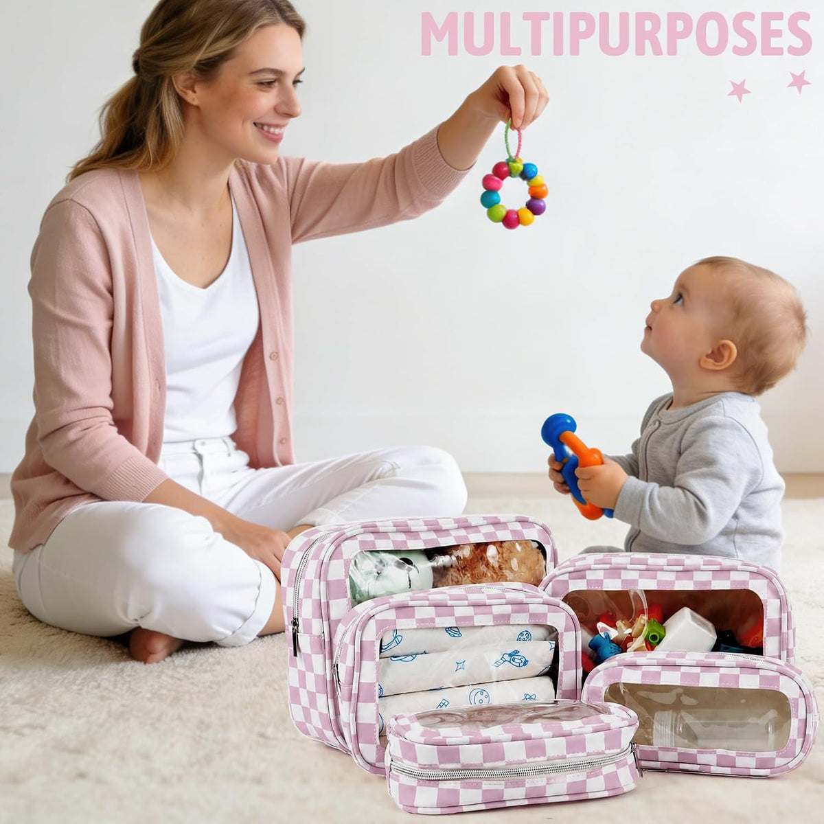 Diaper Bag Organizer Pouch Set,TSA Approved Toiletry Bag, Waterproof TPU Makeup Bag Set, Travel Organizer Bags for Women and Kids，Mothers Day Gifts
