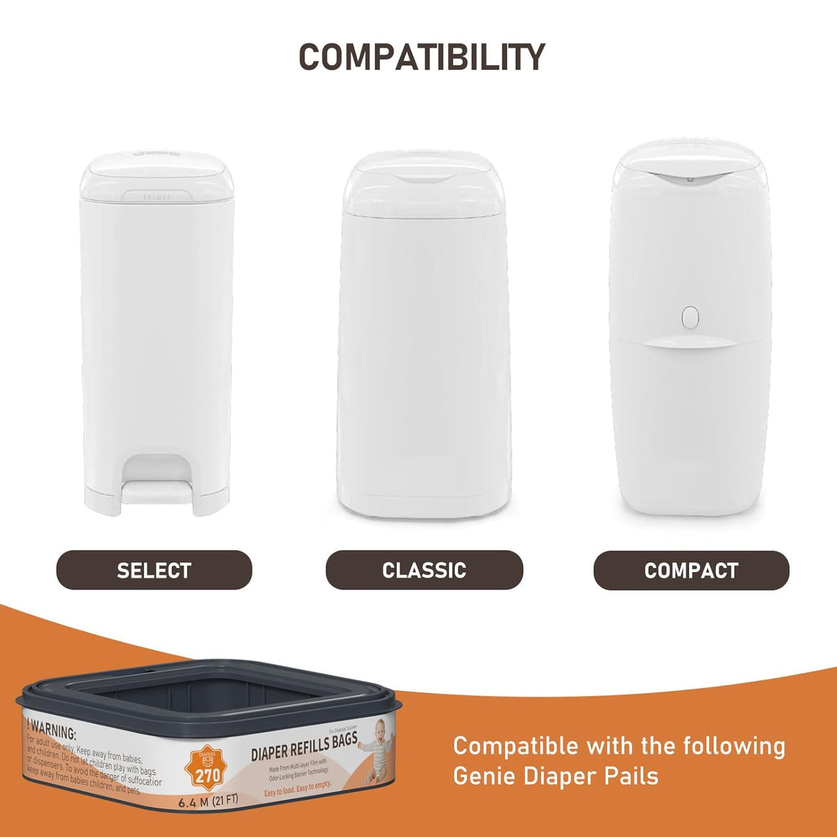 Standard Square Refills Disposal Bags Refill Compatible with Diaper Genie Compact, Classic and Select Pails, Hold Up to 270 Newborn-Sized Diapers Per Refill, 6 Pack