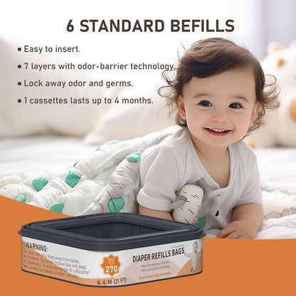 Standard Square Refills Disposal Bags Refill Compatible with Diaper Genie Compact, Classic and Select Pails, Hold Up to 270 Newborn-Sized Diapers Per Refill, 6 Pack