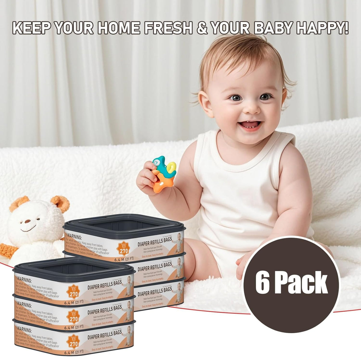 Standard Square Refills Disposal Bags Refill Compatible with Diaper Genie Compact, Classic and Select Pails, Hold Up to 270 Newborn-Sized Diapers Per Refill, 6 Pack