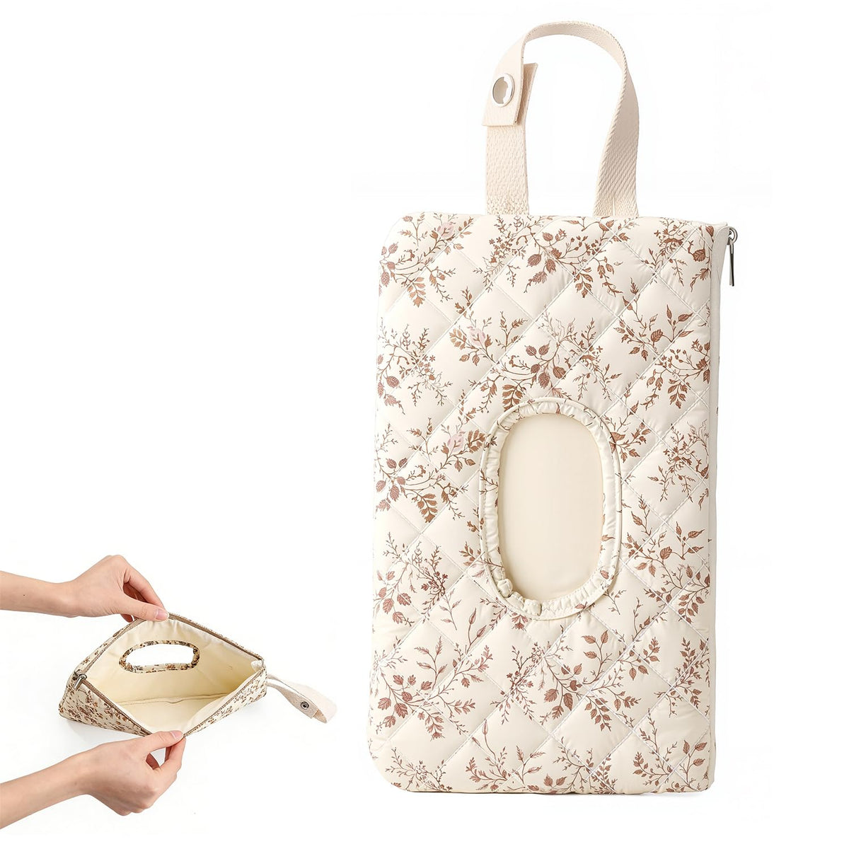 Wipe Holder Floral Diaper and Wipes Pouch Portable Hanging Wipes Bag for Car, Resuable Wet Wipe Pouch for Travel & Outdoor, Beige