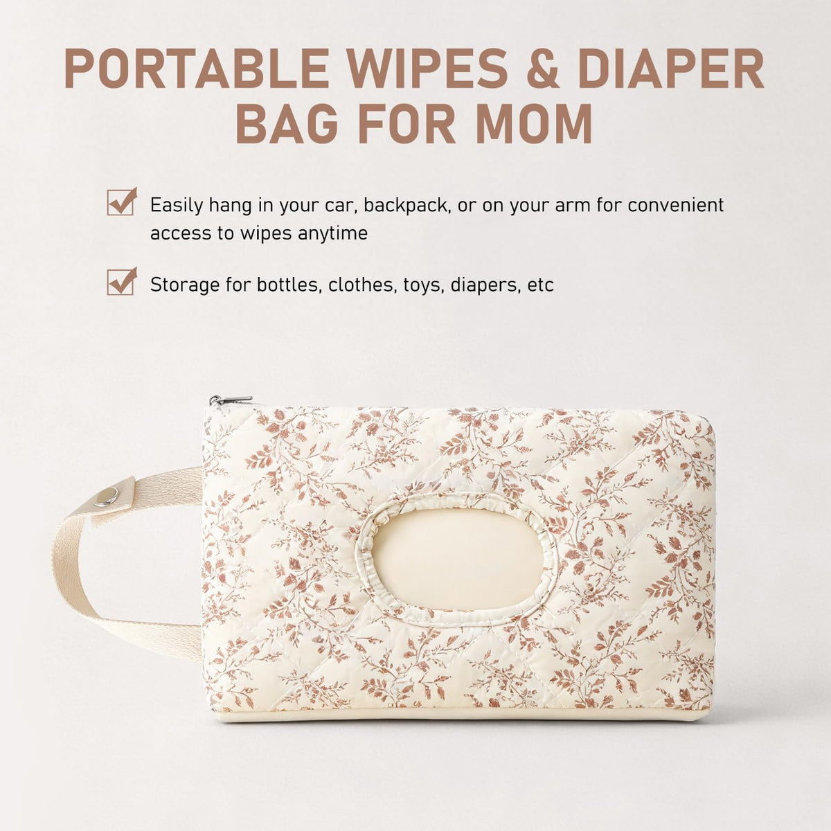 Wipe Holder Floral Diaper and Wipes Pouch Portable Hanging Wipes Bag for Car, Resuable Wet Wipe Pouch for Travel & Outdoor, Beige