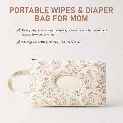 Wipe Holder Floral Diaper and Wipes Pouch Portable Hanging Wipes Bag for Car, Resuable Wet Wipe Pouch for Travel & Outdoor, Beige