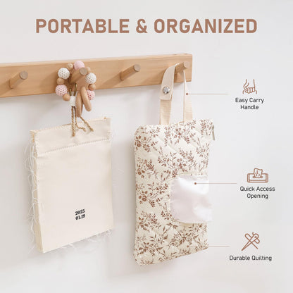 Wipe Holder Floral Diaper and Wipes Pouch Portable Hanging Wipes Bag for Car, Resuable Wet Wipe Pouch for Travel & Outdoor, Beige