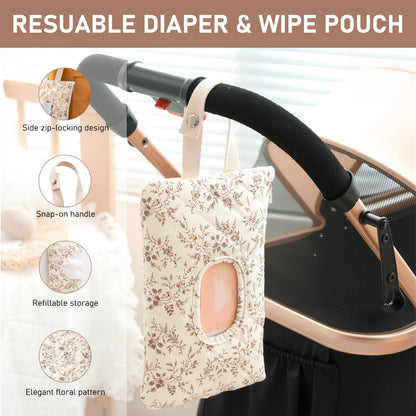 Wipe Holder Floral Diaper and Wipes Pouch Portable Hanging Wipes Bag for Car, Resuable Wet Wipe Pouch for Travel & Outdoor, Beige