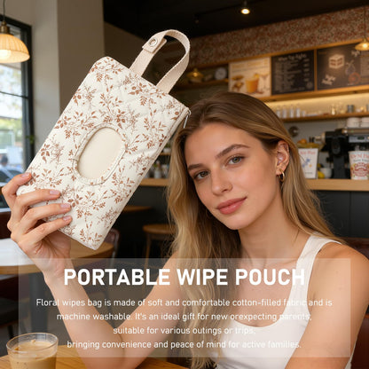 Wipe Holder Floral Diaper and Wipes Pouch Portable Hanging Wipes Bag for Car, Resuable Wet Wipe Pouch for Travel & Outdoor, Beige