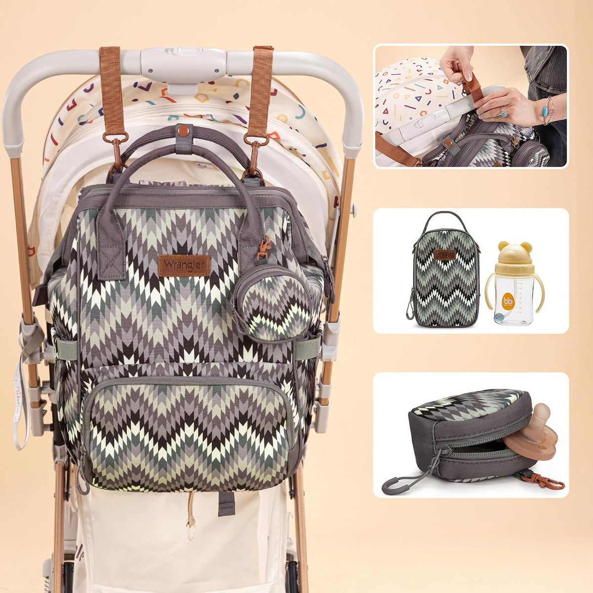 Montana West Wrangler Callie Diaper Bag Backpack with Pacifier Case, Crossbody Bottle Bag and Stroller Straps Western Pattern Multifunction Baby Travel Bag Set WG2216-9110BK