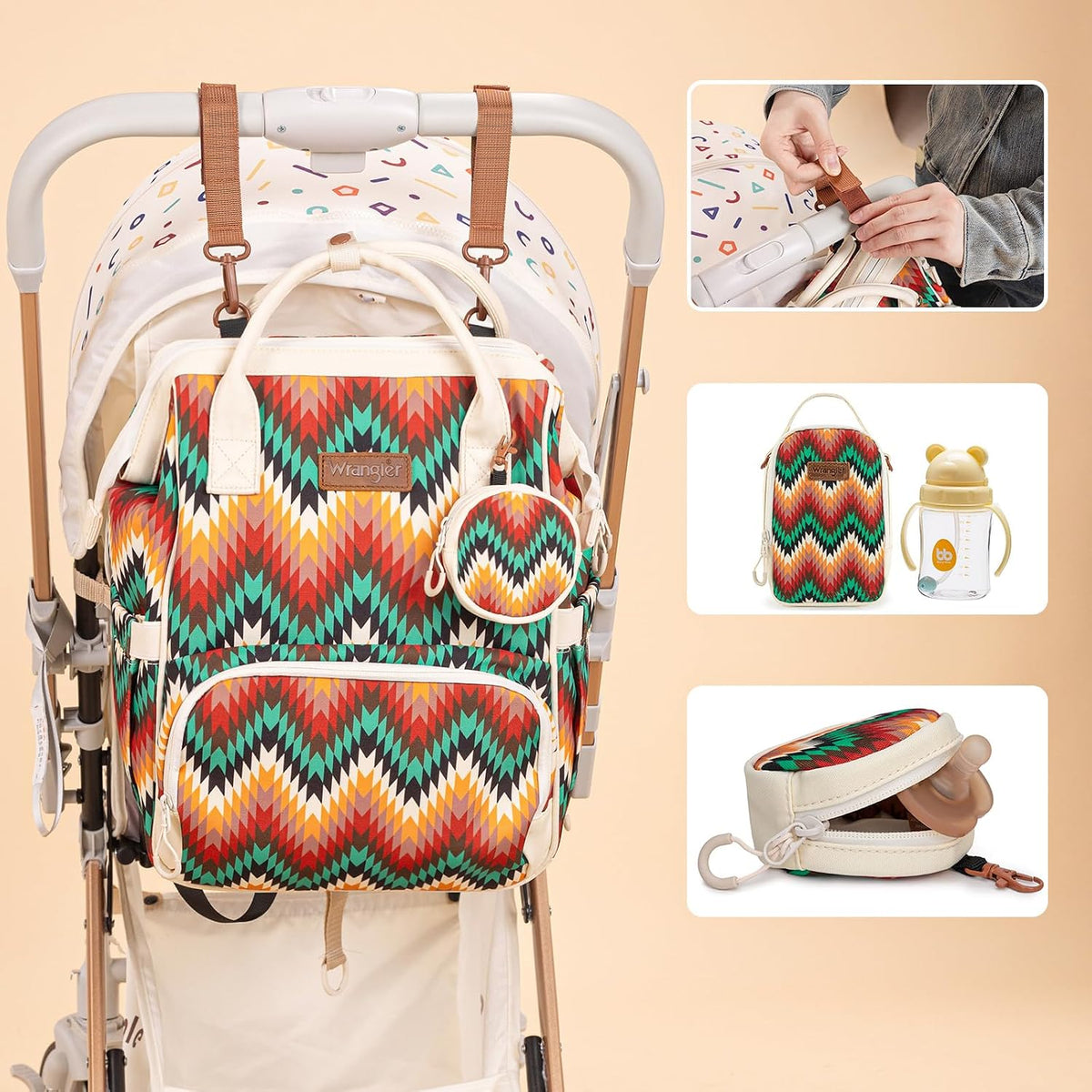 Montana West Wrangler Callie Diaper Bag Backpack with Pacifier Case, Crossbody Bottle Bag and Stroller Straps Western Pattern Multifunction Baby Travel Bag Set WG2216-9110BK