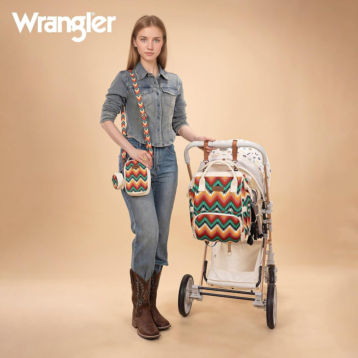 Montana West Wrangler Callie Diaper Bag Backpack with Pacifier Case, Crossbody Bottle Bag and Stroller Straps Western Pattern Multifunction Baby Travel Bag Set WG2216-9110BK