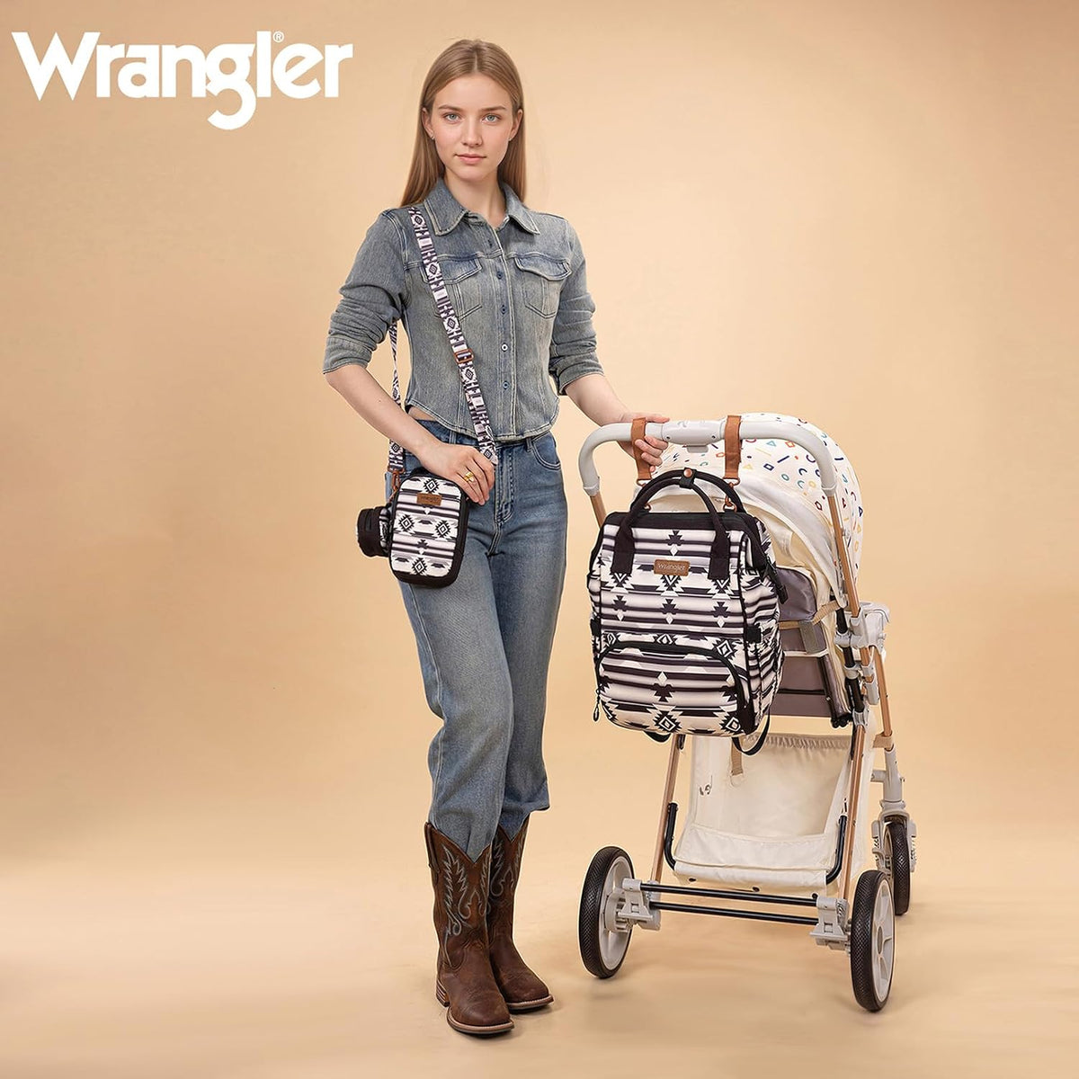 Montana West Wrangler Callie Diaper Bag Backpack with Pacifier Case, Crossbody Bottle Bag and Stroller Straps Western Pattern Multifunction Baby Travel Bag Set WG2216-9110BK