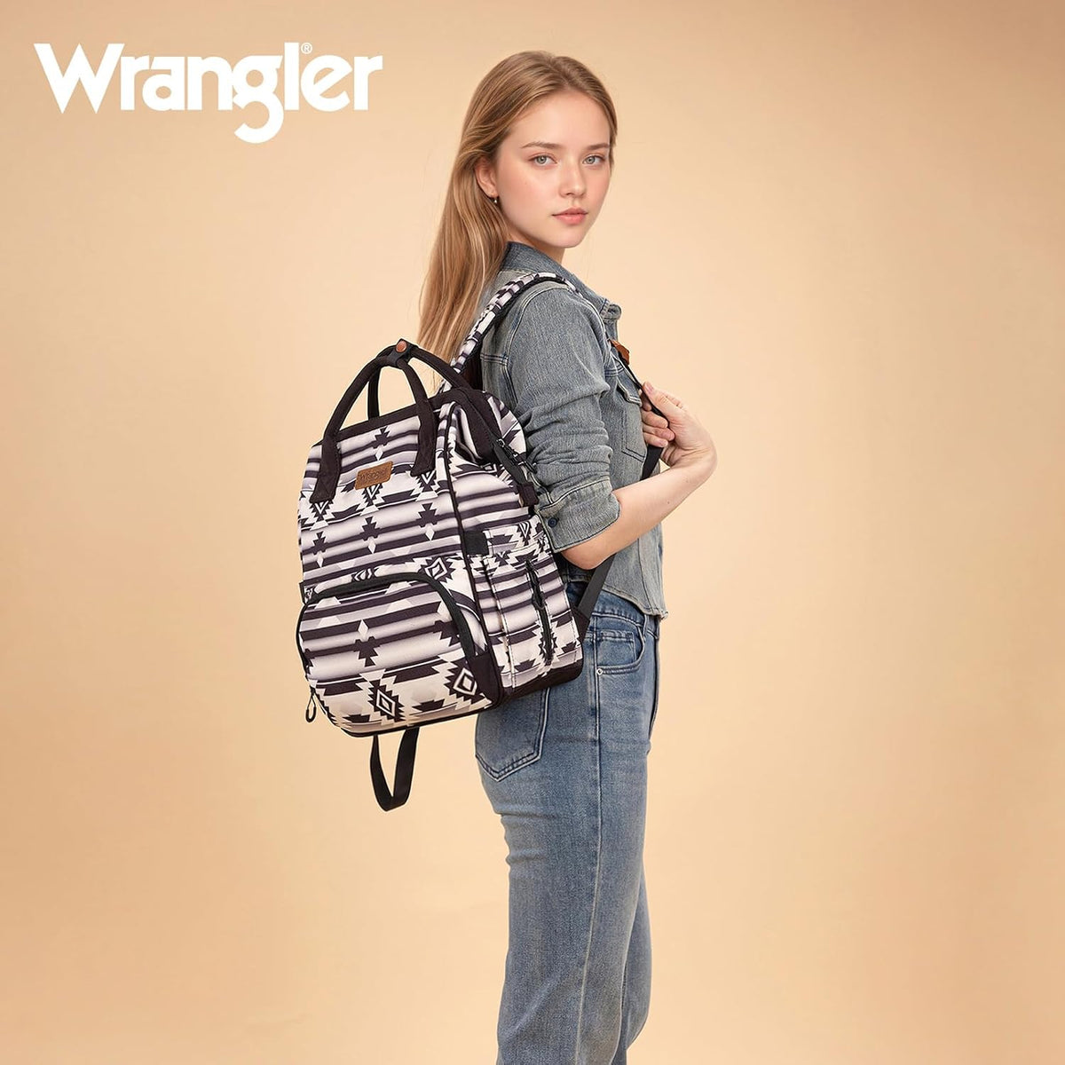 Montana West Wrangler Callie Diaper Bag Backpack with Pacifier Case, Crossbody Bottle Bag and Stroller Straps Western Pattern Multifunction Baby Travel Bag Set WG2216-9110BK