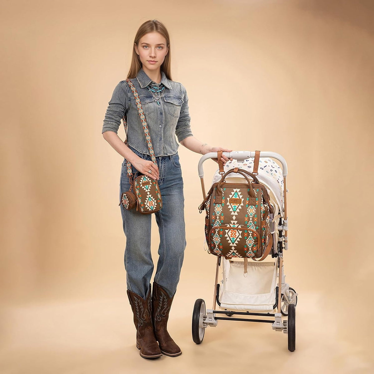 Montana West Wrangler Callie Diaper Bag Backpack with Pacifier Case, Crossbody Bottle Bag and Stroller Straps Western Pattern Multifunction Baby Travel Bag Set WG2216-9110BK