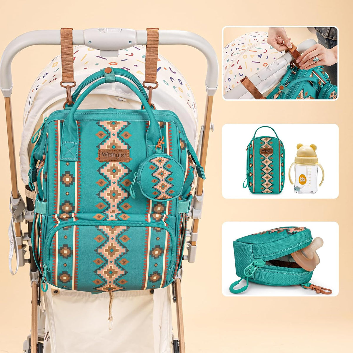 Montana West Wrangler Callie Diaper Bag Backpack with Pacifier Case, Crossbody Bottle Bag and Stroller Straps Western Pattern Multifunction Baby Travel Bag Set WG2216-9110BK