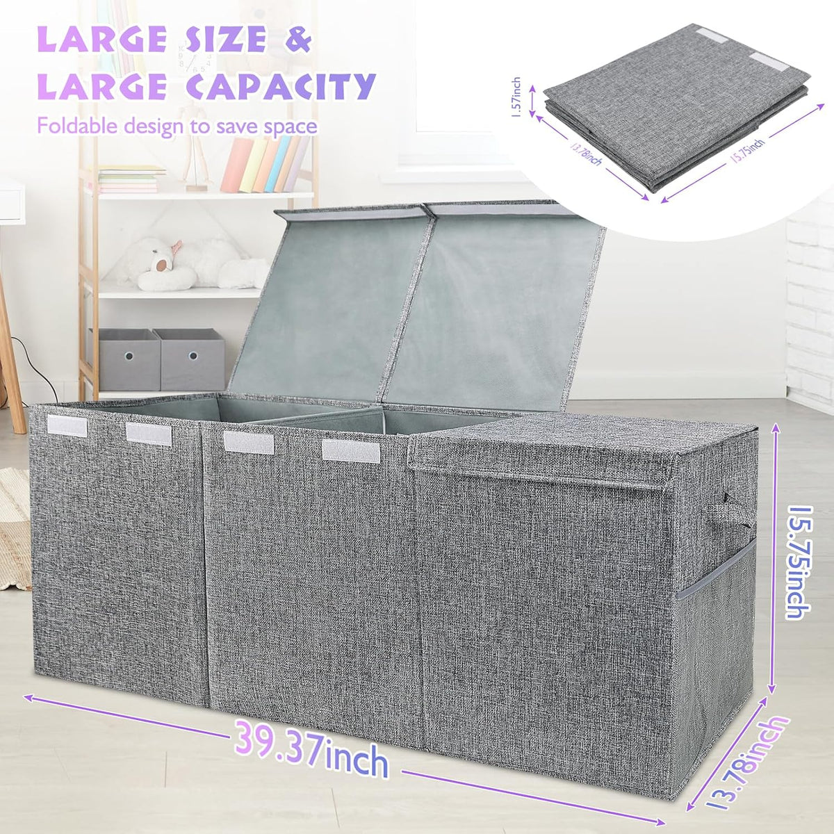 Kids Toy Box Chest with Lid - Extra Large 40 x16 x14'', Grey