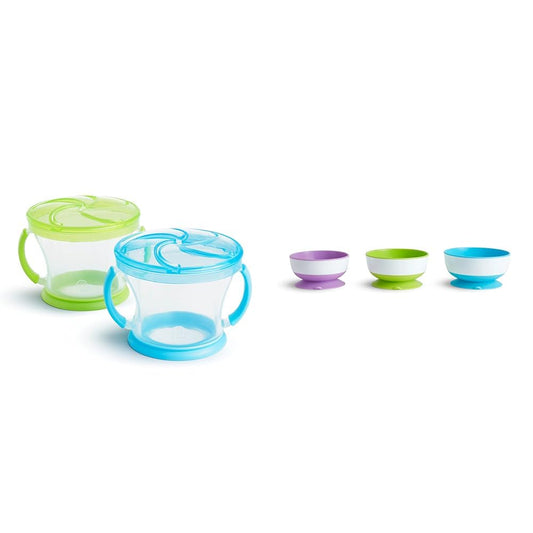 ® Snack Catcher® Toddler Snack Cups, 2 Pack, Blue/Green & Stay Put™ Suction Bowls for Babies and Toddlers, 3 Pack, Blue/Green/Purple