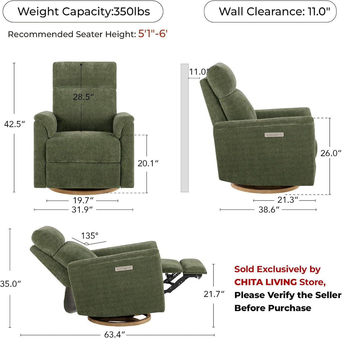 Power Recliner Chair with Nightlight, Nursery Glider, Boucle in Green