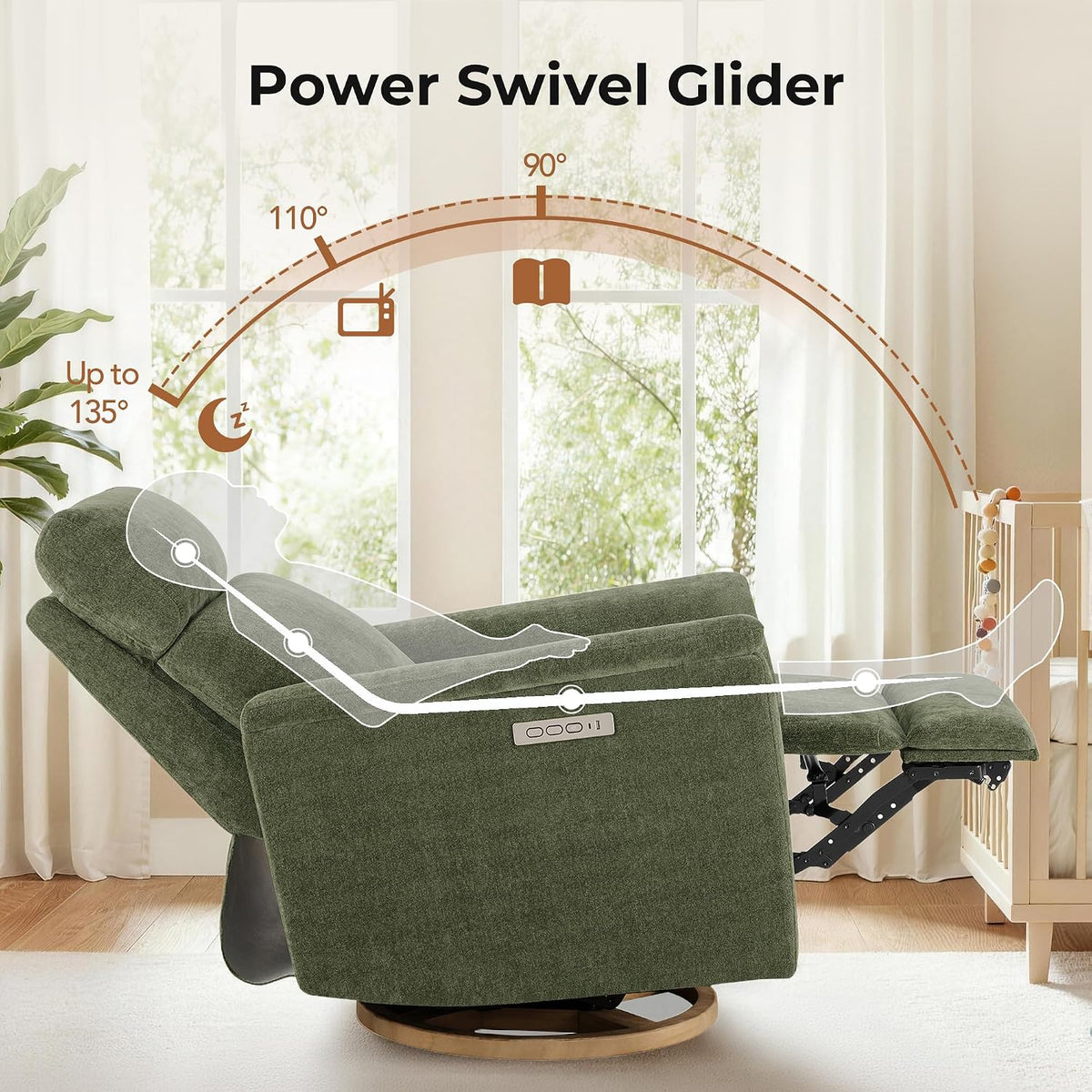 Power Recliner Chair with Nightlight, Nursery Glider, Boucle in Green