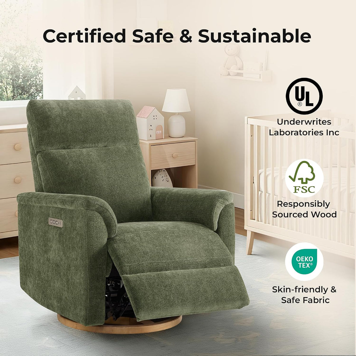 Power Recliner Chair with Nightlight, Nursery Glider, Boucle in Green