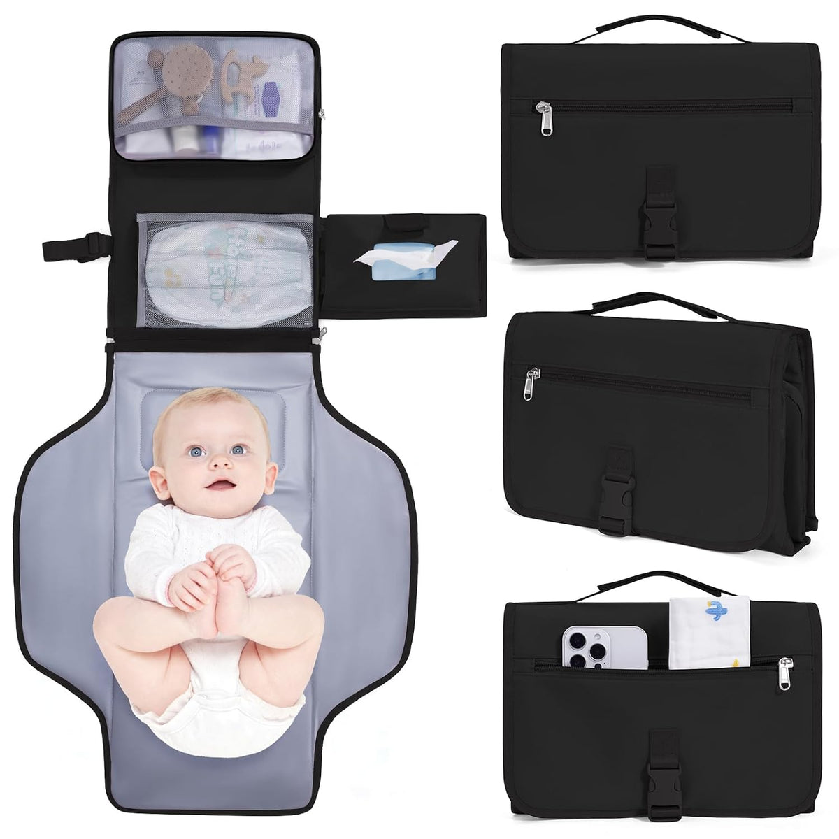 Portable Diaper Changing Pad Waterproof Travel Baby Changing Mat with Large Wet/Dry Pocket & Elastic Wipes Pockets, Foldable Compact for On-The-Go Diaper Changer (Pink)