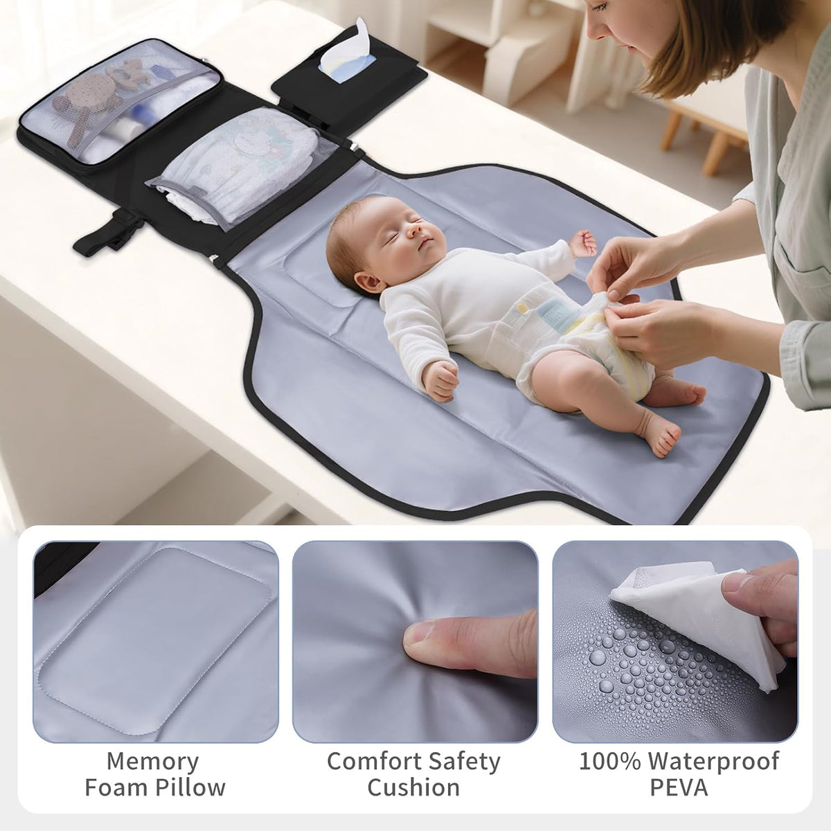 Portable Diaper Changing Pad Waterproof Travel Baby Changing Mat with Large Wet/Dry Pocket & Elastic Wipes Pockets, Foldable Compact for On-The-Go Diaper Changer (Pink)