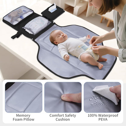 Portable Diaper Changing Pad Waterproof Travel Baby Changing Mat with Large Wet/Dry Pocket & Elastic Wipes Pockets, Foldable Compact for On-The-Go Diaper Changer (Pink)