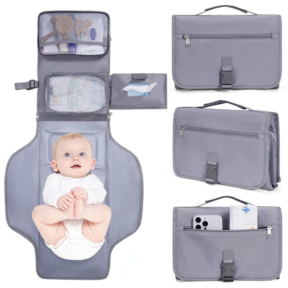 Portable Diaper Changing Pad Waterproof Travel Baby Changing Mat with Large Wet/Dry Pocket & Elastic Wipes Pockets, Foldable Compact for On-The-Go Diaper Changer (Pink)