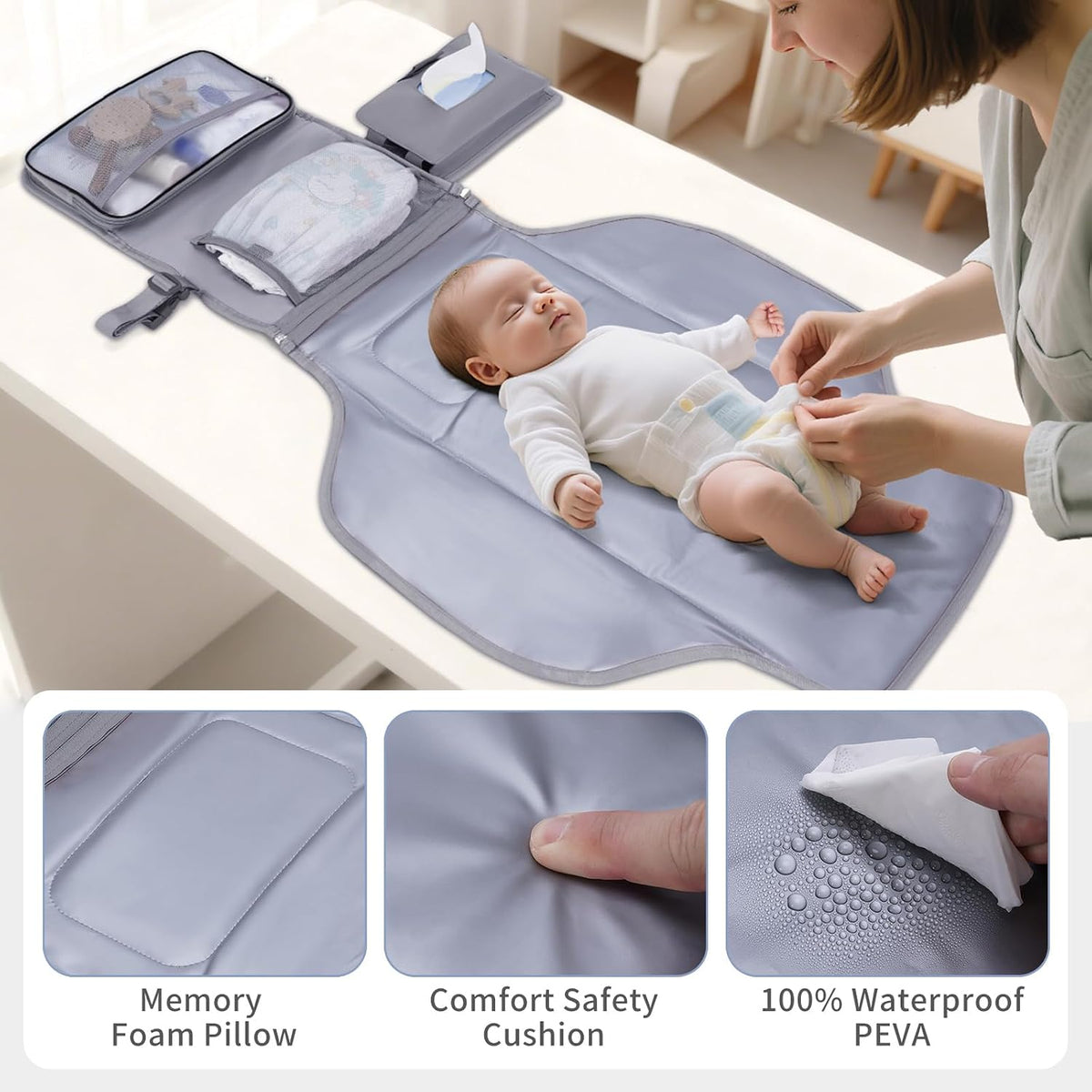 Portable Diaper Changing Pad Waterproof Travel Baby Changing Mat with Large Wet/Dry Pocket & Elastic Wipes Pockets, Foldable Compact for On-The-Go Diaper Changer (Pink)