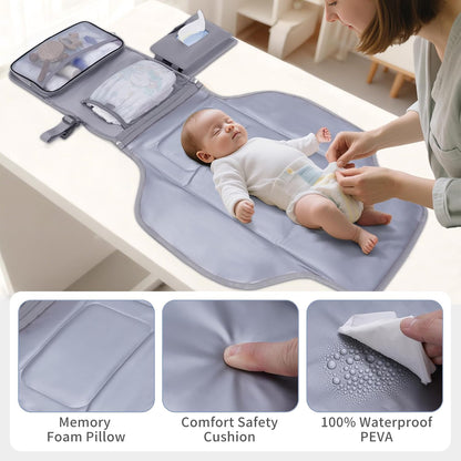 Portable Diaper Changing Pad Waterproof Travel Baby Changing Mat with Large Wet/Dry Pocket & Elastic Wipes Pockets, Foldable Compact for On-The-Go Diaper Changer (Pink)