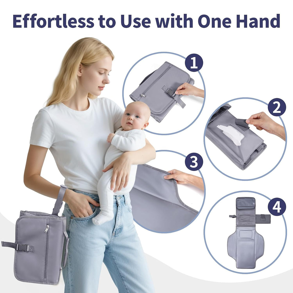 Portable Diaper Changing Pad Waterproof Travel Baby Changing Mat with Large Wet/Dry Pocket & Elastic Wipes Pockets, Foldable Compact for On-The-Go Diaper Changer (Pink)