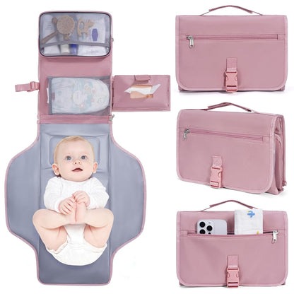 Portable Diaper Changing Pad Waterproof Travel Baby Changing Mat with Large Wet/Dry Pocket & Elastic Wipes Pockets, Foldable Compact for On-The-Go Diaper Changer (Pink)