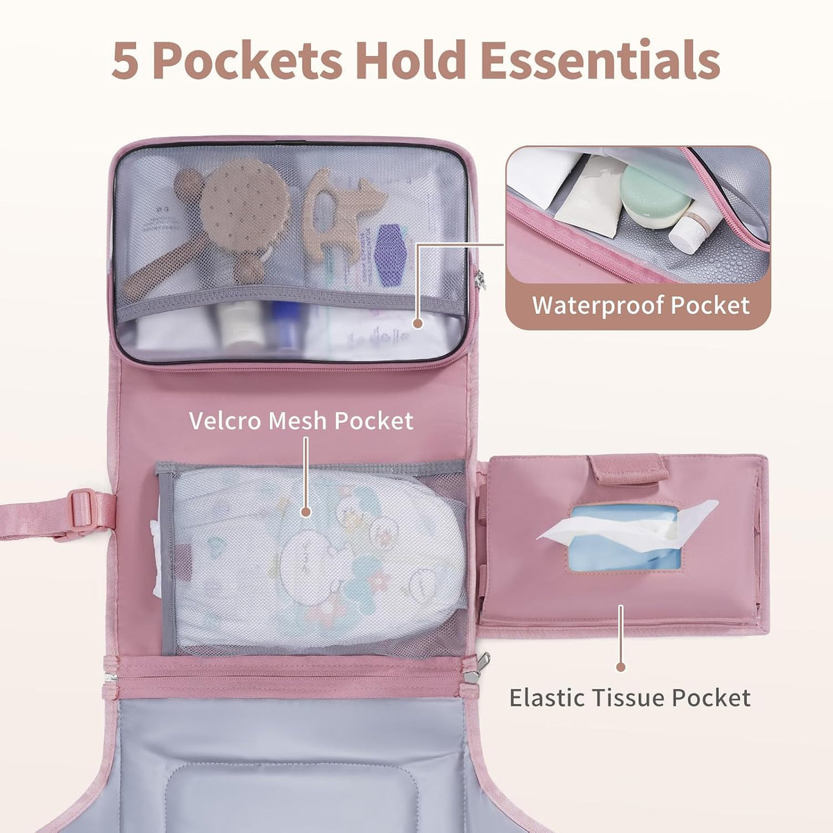 Portable Diaper Changing Pad Waterproof Travel Baby Changing Mat with Large Wet/Dry Pocket & Elastic Wipes Pockets, Foldable Compact for On-The-Go Diaper Changer (Pink)