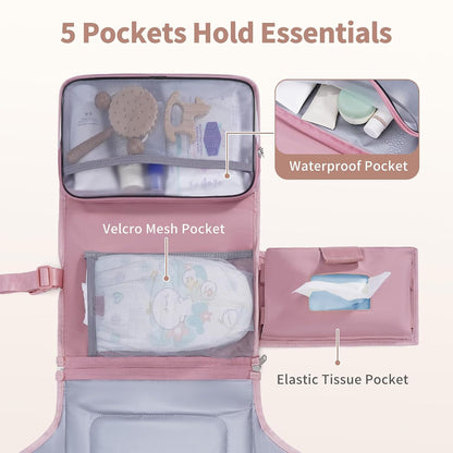 Portable Diaper Changing Pad Waterproof Travel Baby Changing Mat with Large Wet/Dry Pocket & Elastic Wipes Pockets, Foldable Compact for On-The-Go Diaper Changer (Pink)
