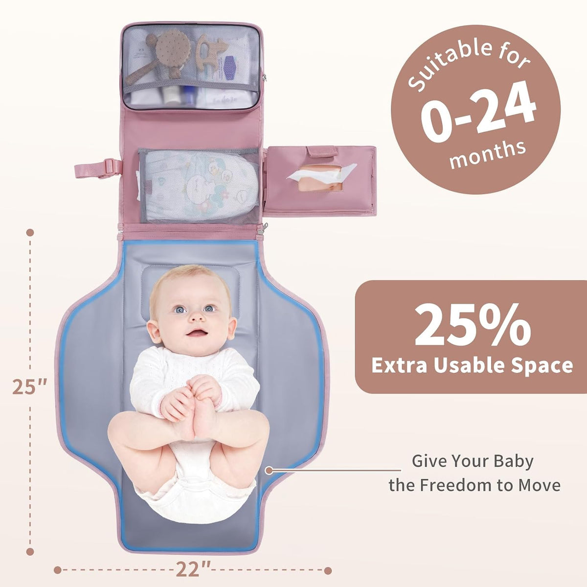 Portable Diaper Changing Pad Waterproof Travel Baby Changing Mat with Large Wet/Dry Pocket & Elastic Wipes Pockets, Foldable Compact for On-The-Go Diaper Changer (Pink)