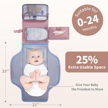 Portable Diaper Changing Pad Waterproof Travel Baby Changing Mat with Large Wet/Dry Pocket & Elastic Wipes Pockets, Foldable Compact for On-The-Go Diaper Changer (Pink)