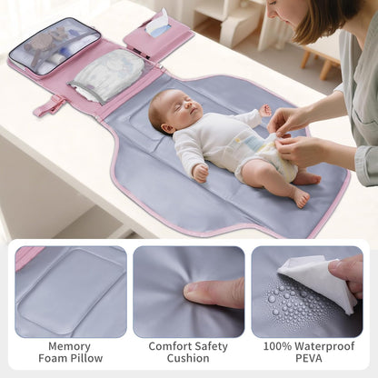 Portable Diaper Changing Pad Waterproof Travel Baby Changing Mat with Large Wet/Dry Pocket & Elastic Wipes Pockets, Foldable Compact for On-The-Go Diaper Changer (Pink)