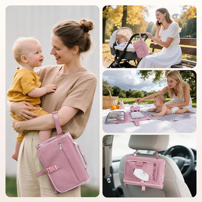Portable Diaper Changing Pad Waterproof Travel Baby Changing Mat with Large Wet/Dry Pocket & Elastic Wipes Pockets, Foldable Compact for On-The-Go Diaper Changer (Pink)