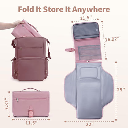 Portable Diaper Changing Pad Waterproof Travel Baby Changing Mat with Large Wet/Dry Pocket & Elastic Wipes Pockets, Foldable Compact for On-The-Go Diaper Changer (Pink)