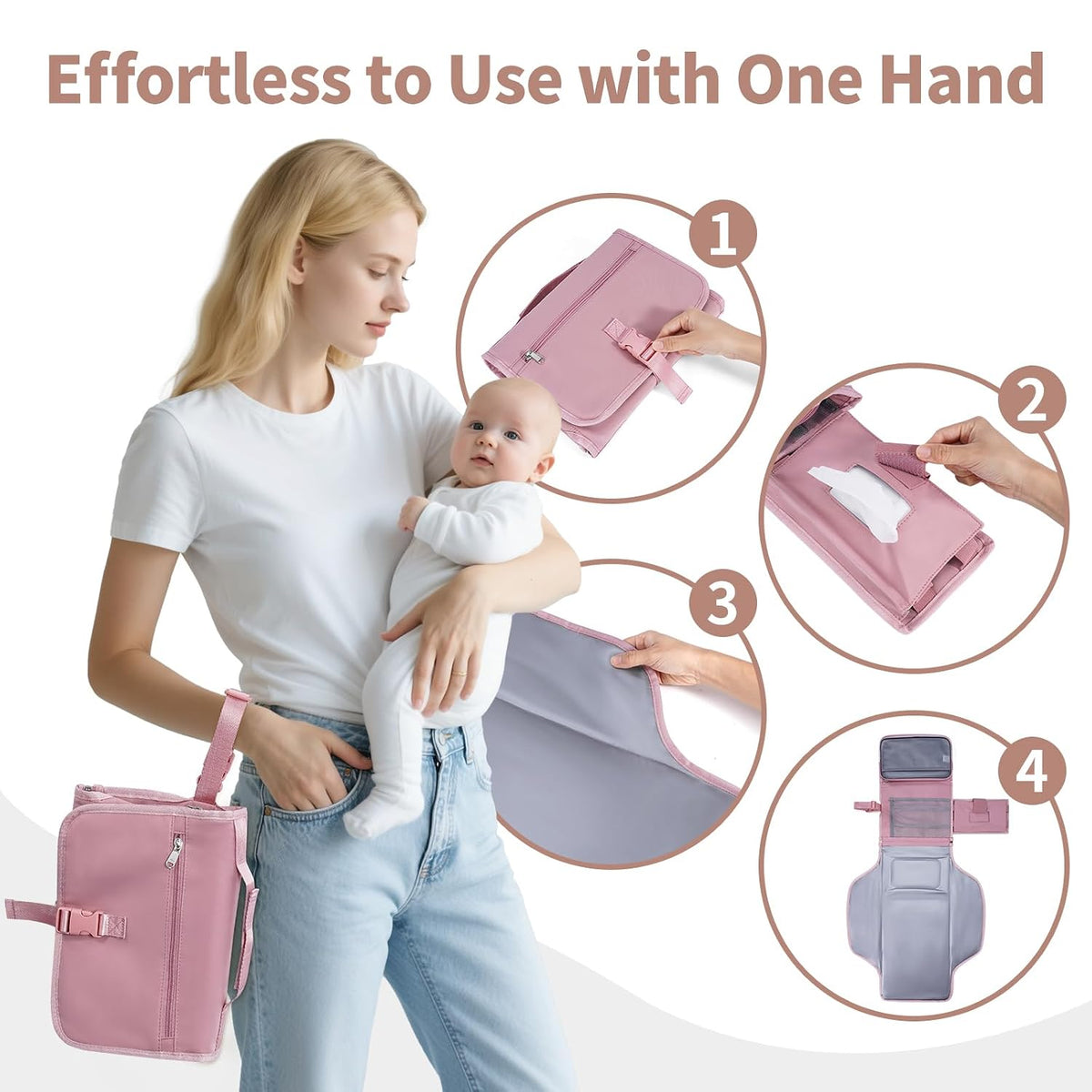 Portable Diaper Changing Pad Waterproof Travel Baby Changing Mat with Large Wet/Dry Pocket & Elastic Wipes Pockets, Foldable Compact for On-The-Go Diaper Changer (Pink)