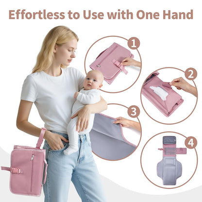 Portable Diaper Changing Pad Waterproof Travel Baby Changing Mat with Large Wet/Dry Pocket & Elastic Wipes Pockets, Foldable Compact for On-The-Go Diaper Changer (Pink)