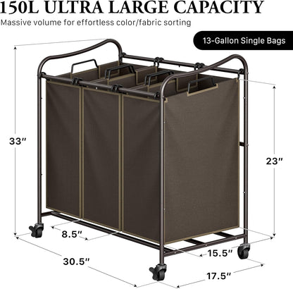 Heavy Duty 3-Bag Laundry Sorter Rolling Cart, Dark Grey