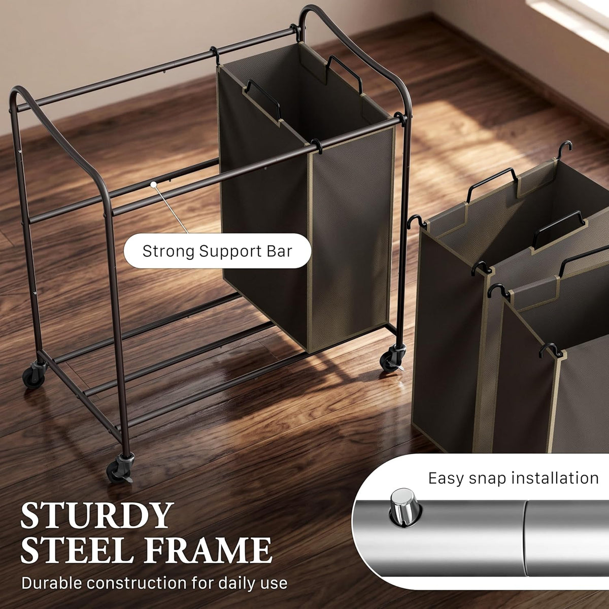 Heavy Duty 3-Bag Laundry Sorter Rolling Cart, Dark Grey