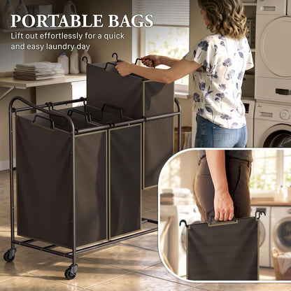 Heavy Duty 3-Bag Laundry Sorter Rolling Cart, Dark Grey